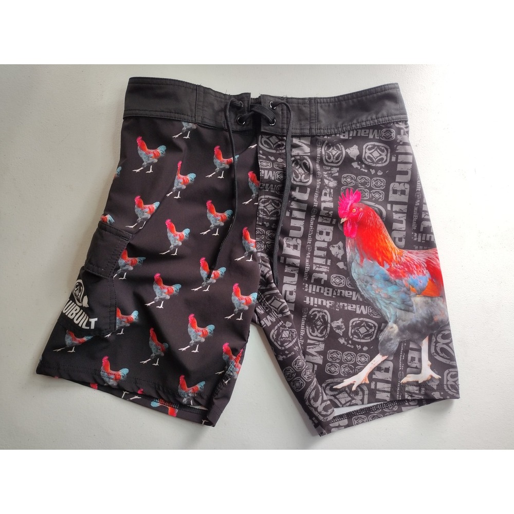 MauiBuilt Hawaii Mens Rooster Print Board Shorts Black Grey Size 28 Swim Trunks‎